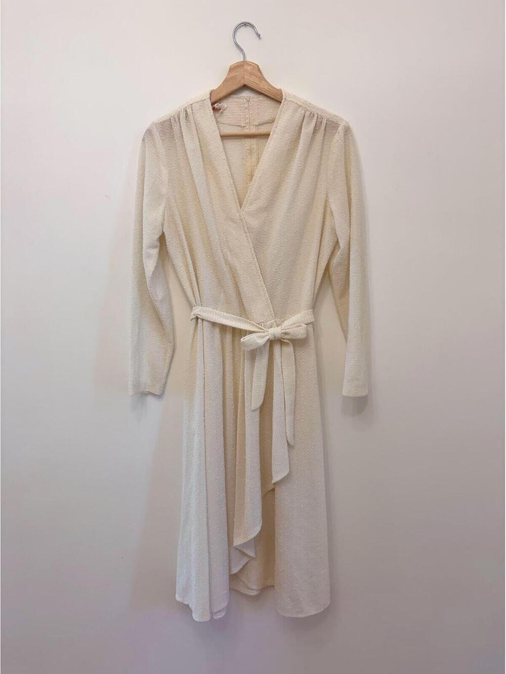 Vintage Windsor Cream Textured Knit Midi Dress | 1970s Surplice Tie Belt Medium